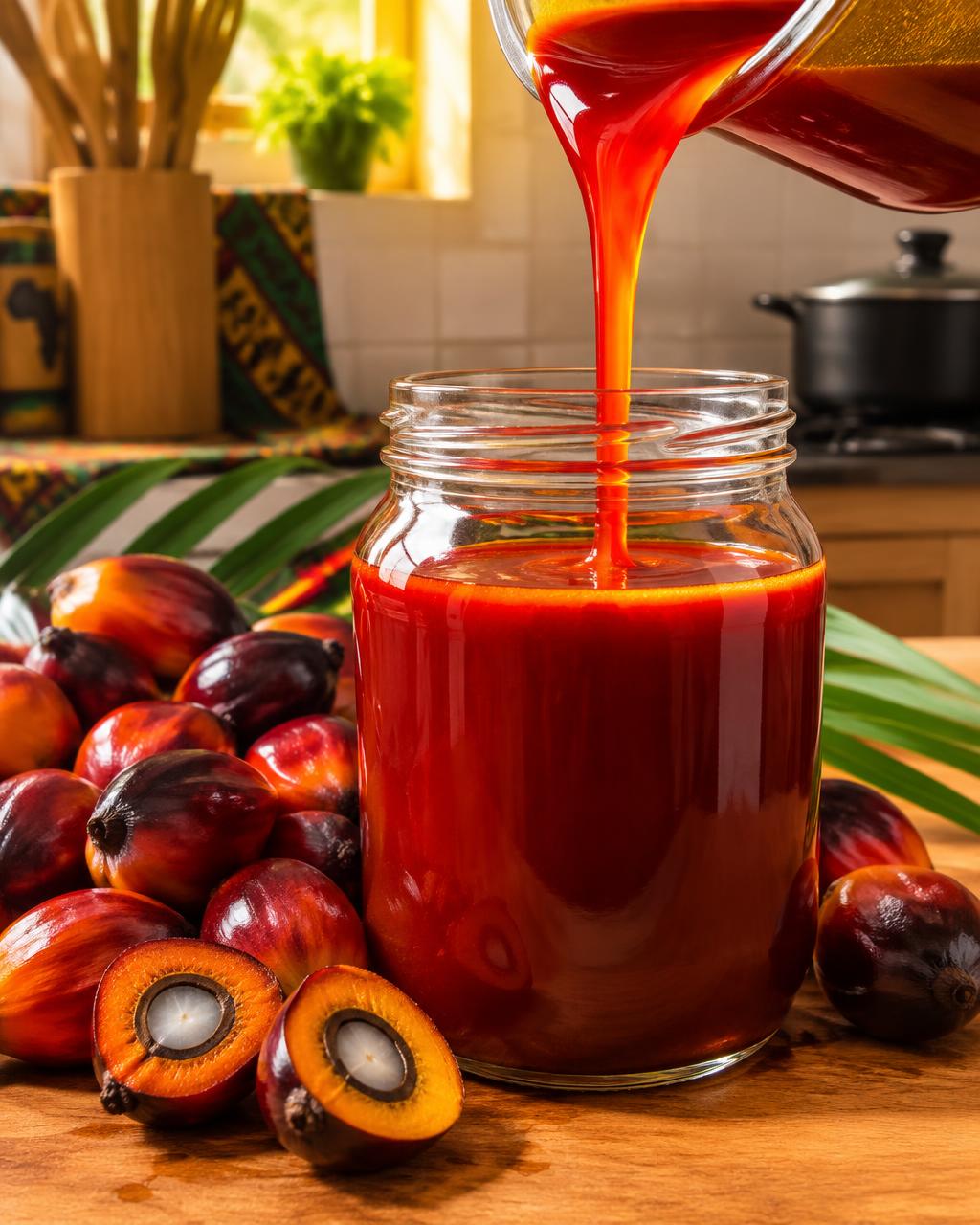 Pure red palm oil pouring into a glass jar beside fresh palm fruits